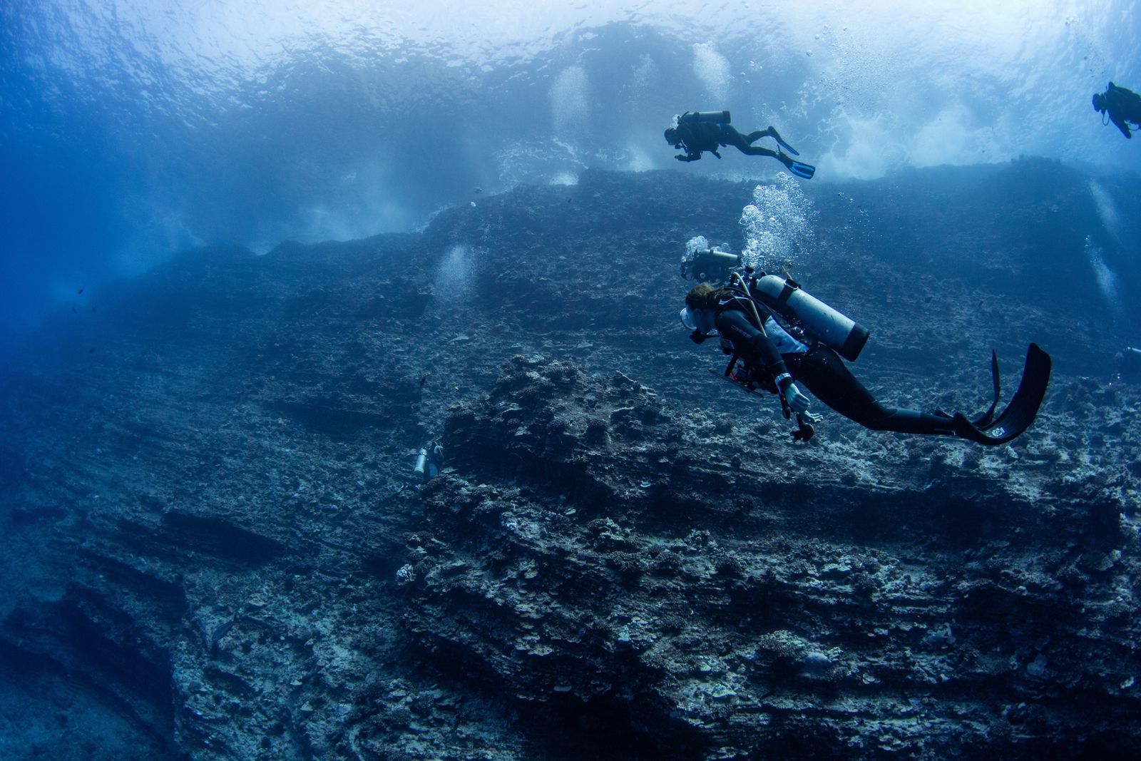 Two scuba divers along a rocky reef wall in blue water